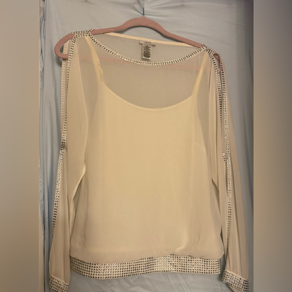 Cache White Sheer Blouse with Rhinestone Trim
